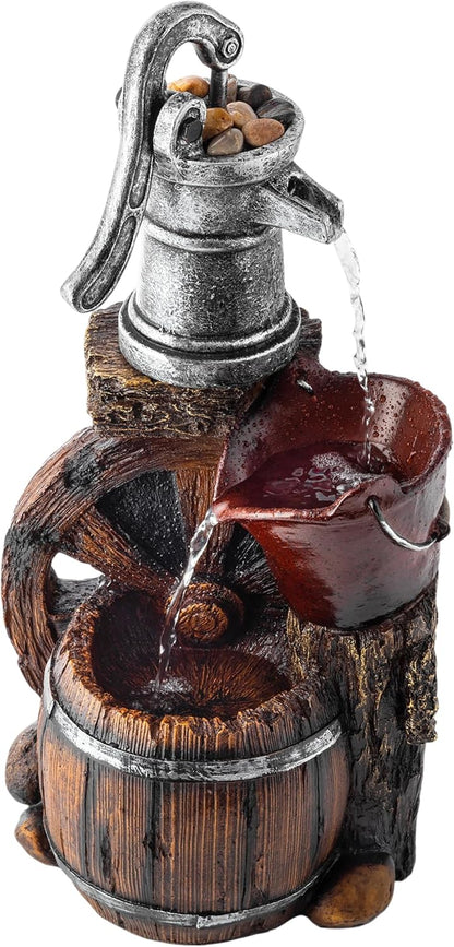 Alpine Corporation WCT688 Outdoor Floor Tiered Rustic Barrel and Pump Water Fountain, Old-Fashioned Waterfall , 24", Brown