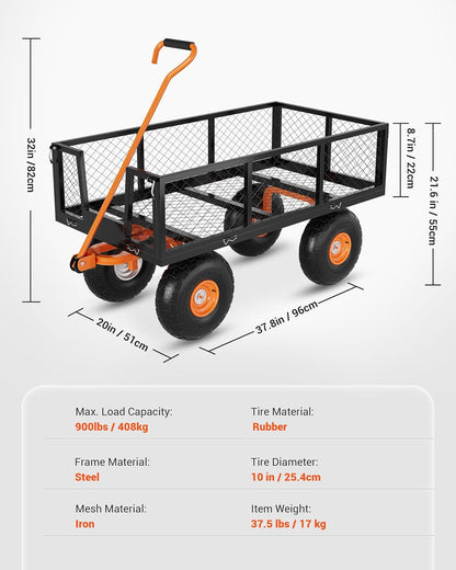 Heavy Duty Steel Garden Cart, 900 LBS Capacity 3 in 1 Pullable Garden Wagon with 10" Wheels, for Gardening Soil, Tools, and Plant Transport