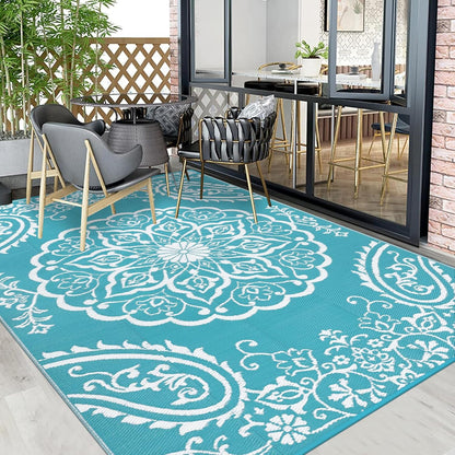 Pauwer Waterproof Outdoor Rug 9x12, Reversible Plastic Straw Patio Camping Rug, Indoor Outdoor RV Mat Carpet for Deck, Camper, Porch, Balcony, Backyard, Picnic, Boho Teal