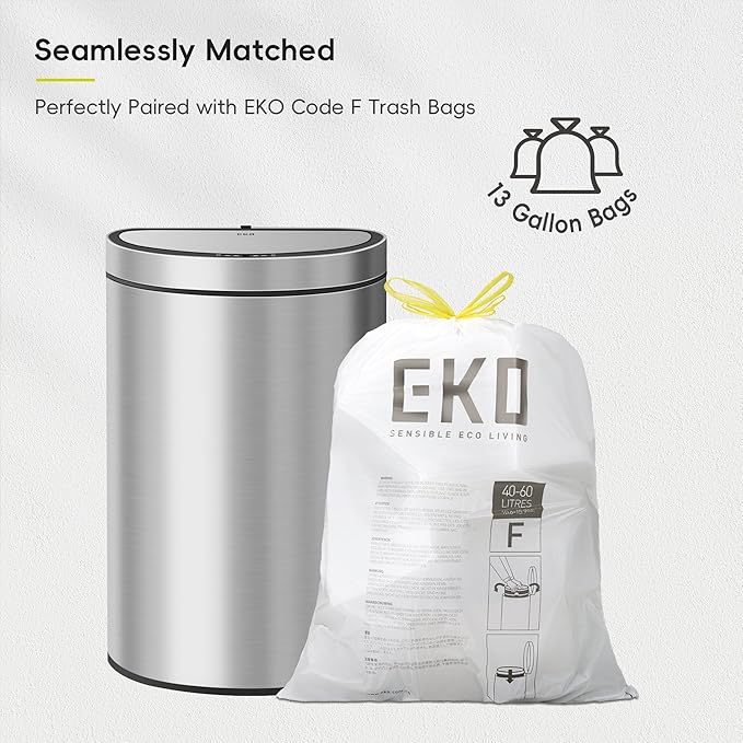 EKO Mirage Semi-Round Motion Sensor Trash Can, 47 Liter / 12.4 Gallon Automatic Large Kitchen Trash Can with Deodorizer Compartment, Removable Lid and Bucket, Matte Stainless Steel