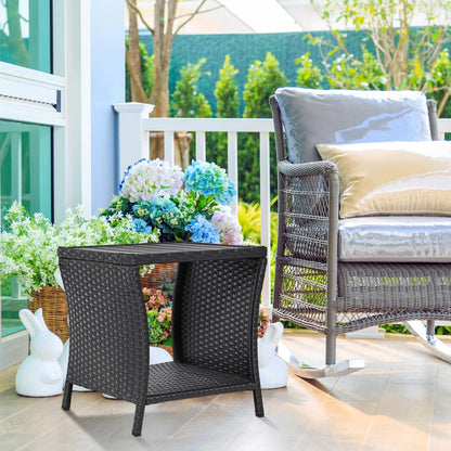 Outdoor Side Table Small Outdoor End Table for Patio Black Wicker Rattan Coffee Table with Storage & Poly Lumber Table Top Square for Outside Balcony Porch Backyard Deck