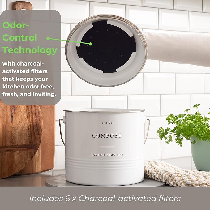 D'Lifeful Kitchen Compost Bin – 1.3 Gallon Countertop Farmhouse Compost Container with Lid – Odorless Indoor Food Scrap Pail with 6 Charcoal Filters – Eco-Conscious and Easy to Clean (White)