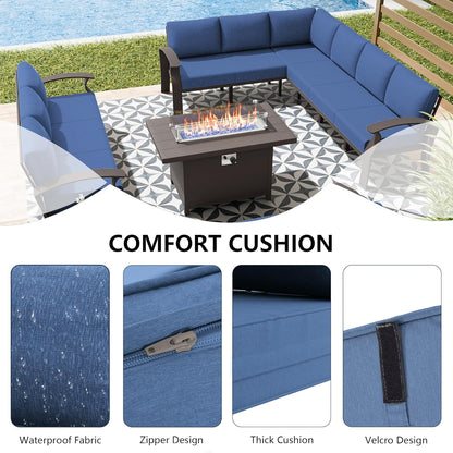 Aluminum Patio Furniture Set, 10 Seats Outdoor Patio Conversation Set with Swivel Chair Modern Metal Patio Sectional Sofa with Coffee Table for Patio, Backyard(Navy Blue).