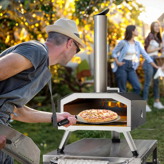 YTIAHOME Outdoor Wood Pellet Pizza Oven with Rotating, 12" Wood Fired Pizza Oven with Built-in Thermometer, Outside Pizza Stove with Peel, Stone and Recipes for Backyard Camp