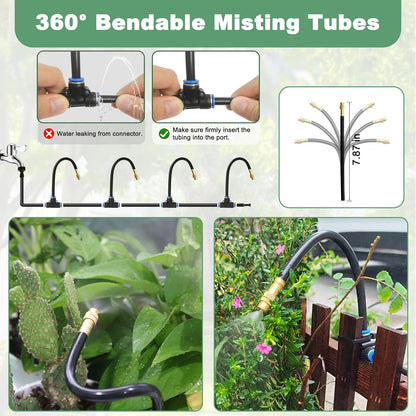 360° Adjustable Drip Irrigation System Kit, 32.8FT Automatic Garden Watering System with 10 Copper Nozzles, Atomizing Misting Watering System with 360° Bending Dropper for Plant Lawn Patio