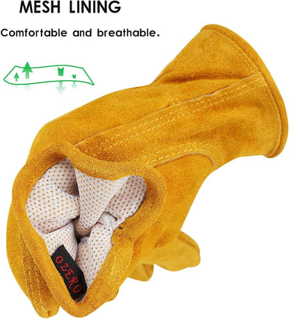OZERO Leather Work Gloves Flex Grip Tough Cowhide Gardening Glove for Men and Women (Medium, Gold With Mesh Linning)