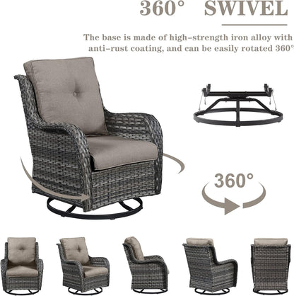 5 Pieces Patio Wicker Furniture Set - 4 Outdoor Swivel Rocker Glider Chairs with 50000BTU Propane Fire Pit Table, Patio Conversation Set Blue Cushion Perfect for Casual Gathering