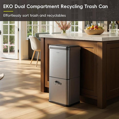 EKO Vintage 50L / 13.2 Gallon Motion Sensor Trash Can, Dual Compartment 32L + 18L Stainless Steel Kitchen Garbage Bin, Touchless Automatic Waste & Recycling Bin with Lid for Home or Office