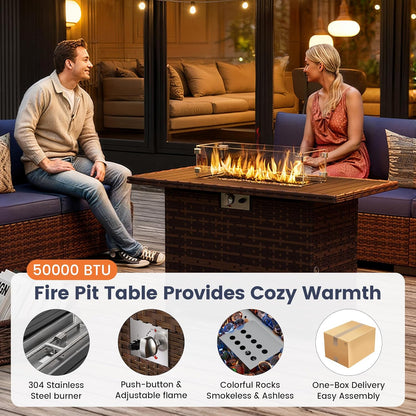 UDPATIO Patio Furniture Set with Fire Pit Table, 8 Piece Outdoor Sectional Modular Sofa, Wicker Outdoor Furniture Conversation Sets with Waterproof Cover for Backyard Deck (Brown/Navy Blue)