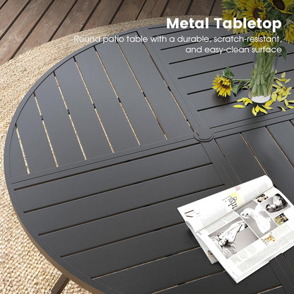 DIFY 53.1" Round Outdoor Patio Dining Table for 6-8, All-Weather Metal Steel Slatted Patio Table with 1.57" Adjustable Umbrella Hole, for Lawn Garden Porch Backyard, Black