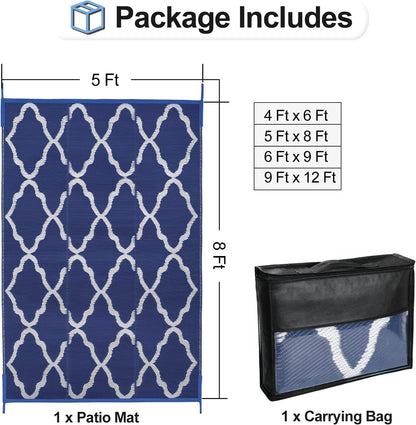 OutdoorLines Outdoor Plastic Area Rugs for Patio 5x8 ft - Reversible Outside Carpet, Stain & UV Resistant RV Mats, Straw Rug for Camping, Deck Garden, Porch and Balcony, Moroccan Navy & Light Grey