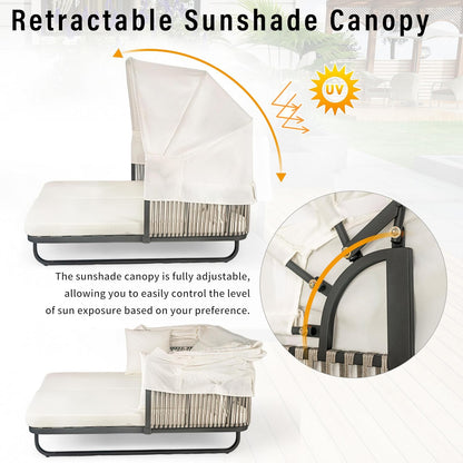 kevinplus Outdoor Patio Sunbed Daybed Double Lounge with Adjustable Canopy for Garden Backyard Pool, Iron Frame & Rattan Material & Moveable Cushion Cover, Beige