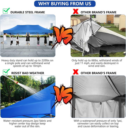 COBIZI 10x20 Pop up Canopy Tent Heavy Duty Without Sidewalls, Easy Set-up Commercial Outdoor Party Tent, 100% Waterproof Wedding Canopy Gazebo, 3 Height Adjustable with Wheeled Bag, Blue