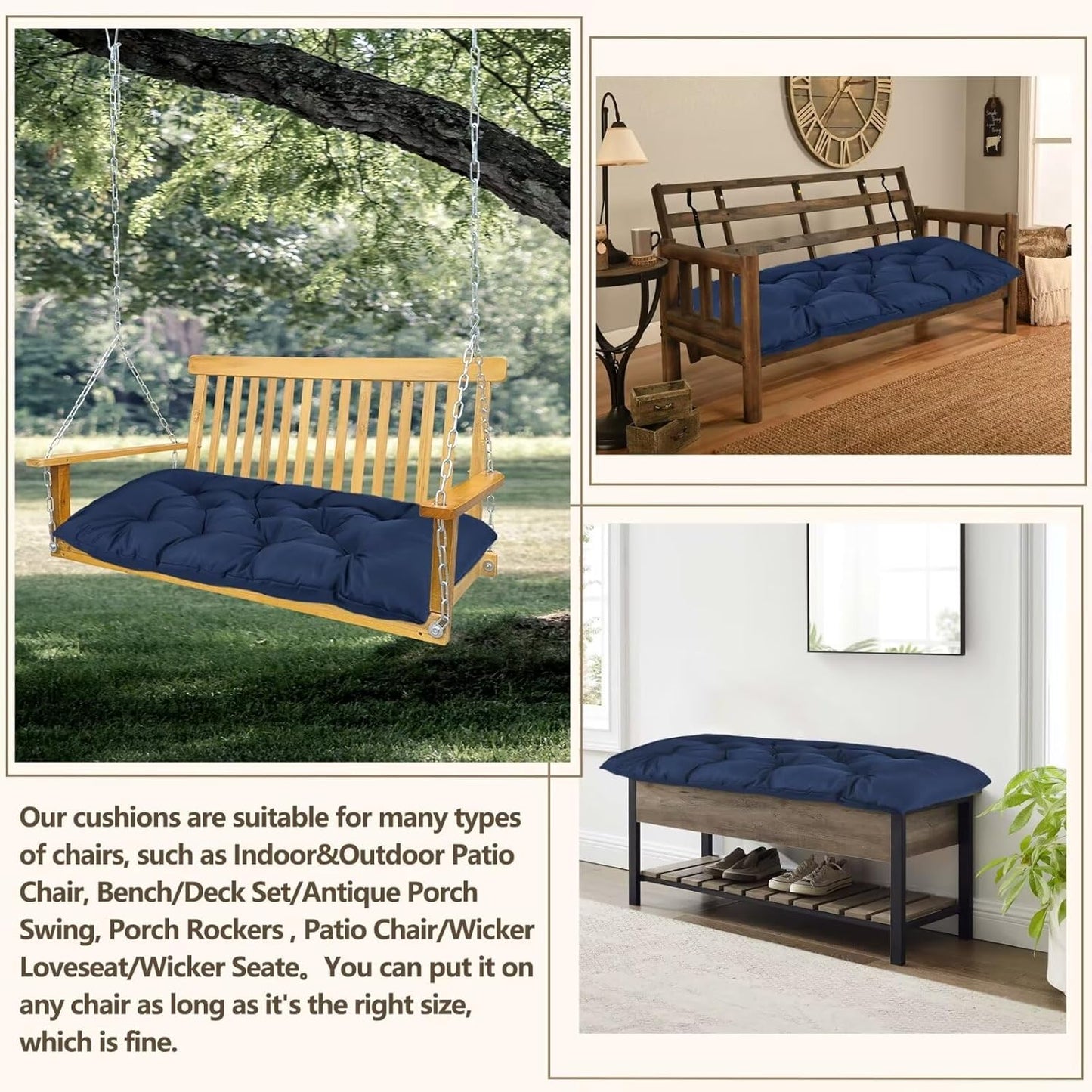 59 inch Waterproof Indoor/Outdoor Garden Bench Seat Cushions,Thicken Patio Bench Soft Rocking Chairs Pad Lounger Seat for Porch Wicker Loveseat Settee (59x19.6x3.9 inch,Navy