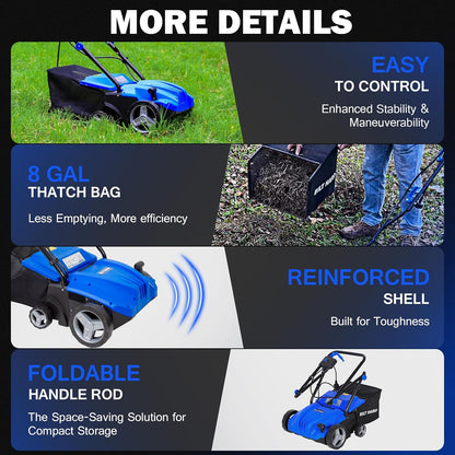 BILT HARD Dethatcher Scarifier Electric Powered, 12 Amp Copper Motor 13 inch Raking Width, 8 gal Thatch Bag, 2 in 1 Walk Behind Thatch Removing Machine for Lawn