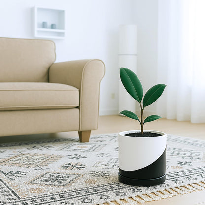 D'vine Dev 6.5 Inch Ceramic Planter Pot with Drainage Hole and Saucer, Indoor Cylinder Round Planter Pot, Oblique Monochrome Black and White, 94-O-C-K