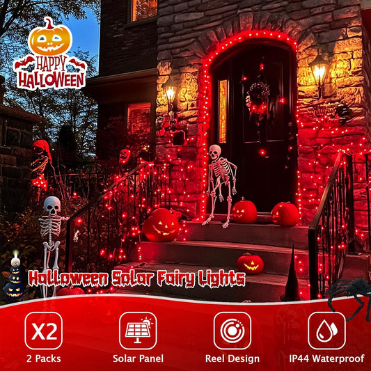 JMEXSUSS 2 Pack Red Solar Lights Outdoor Waterproof, Each 33FT 100 LED Red Halloween Lights, Solar Fairy String Light for Outside Tree Party Patio Christmas Halloween Decorations