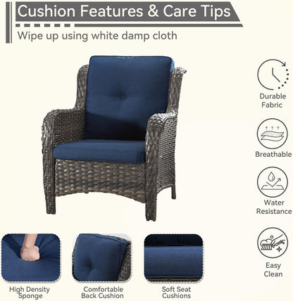 4 Pieces Patio Conversation Set, Wicker Chairs Set of 2 and Two Ottomans with 3.5-inch Seat Cushions, High Back and Curved Armrest for Backyard, Balcony and Deck, Blue
