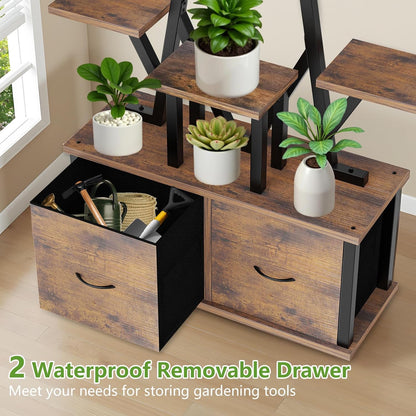 Plant Stand Indoor with Grow Lights - 10 Tiered Plant Shelf with 2 Removable Drawers, 65" Tall Plant Shelf with Grow Light Holds 13 Pot Plants, Christmas Tree Shaped Plant Stand for Home, Living Room
