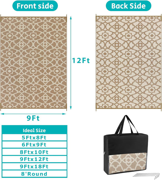 HEBE Outdoor Rug Waterproof 9x12, Plastic Straw Rug Camping Rug, Reversible Outdoor Patio Rugs RV Mat Clearance, Indoor Outside Floor Carpet for Porch,Deck,Camper,Balcony,Backyard