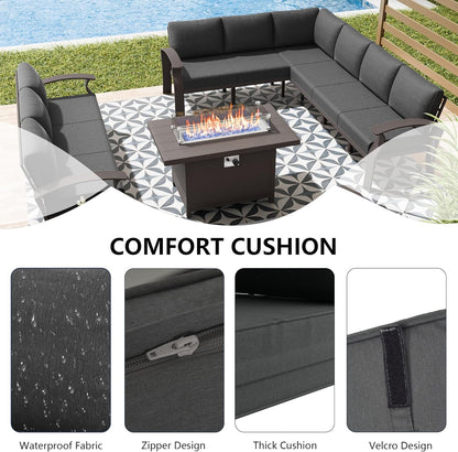 Aluminum Patio Furniture Set with Fire Pit Table, 11 Seats Outdoor Patio Conversation Set Modern Metal Patio Sectional Sofa with 5.1" Upgrade Cushions for Patio, Backyard(Grey).