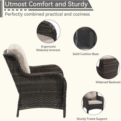 3 Pieces Outdoor Patio Chairs Set - Wicker Patio Conversation Sets with 1 Side Table, Olefin Fabric Cushions Suitable for Backyard Deck and Porch,Beige