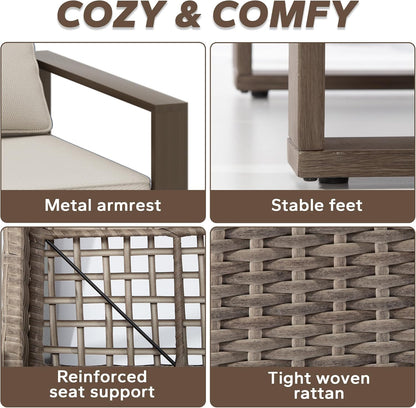 Wicker Patio 75" Sofa Set with 2 Swivel Chairs, All Weather Rattan Outdoor Conversation Furniture Set with Wood-Looking Metal Armrest & Removable Cushions for Backyard Porch, Beige