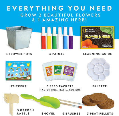 National Geographic Flower & Herb Gardening Kit for Kids - Gardening Set with 3 Stainless Steel Pots, Paint & Stickers, Kids Plant Growing Kit