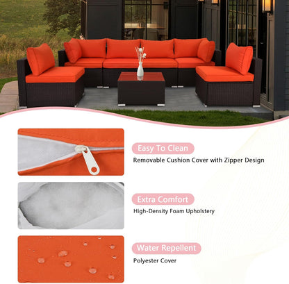 7-Piece Patio Furniture Set - Outdoor Sectional Sofa Set with Cushions and Glass-Top Coffee Table for Gardens, Poolside, Backyards and Porches, Black/Orange