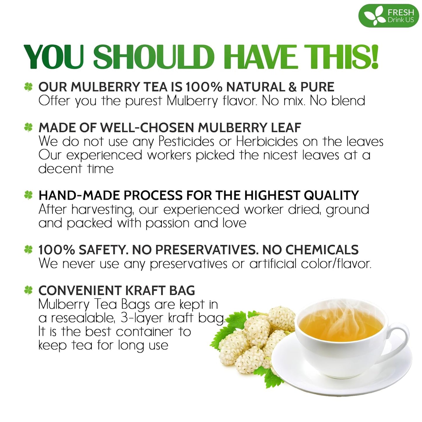 FreshDrinkUS Premium 120 Mulberry Leaf Tea Bags, 100% Natural & Pure. Loose Leaf Herbal Tea. Made with Natural Material Tea Bags. No Sugar, No Caffeine, No Gluten, Vegan