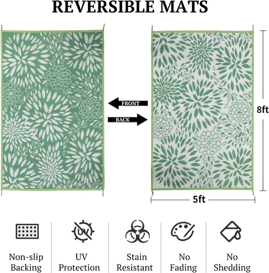 5'x8' Reversible Outdoor Rug - Eco-Friendly Plastic Straw Rug-Heavy-Duty Waterproof Mat, UV & Fade Resistant for Patio, Camping, RV, Deck, Balcony(5x8,Lake Blue&Floral)