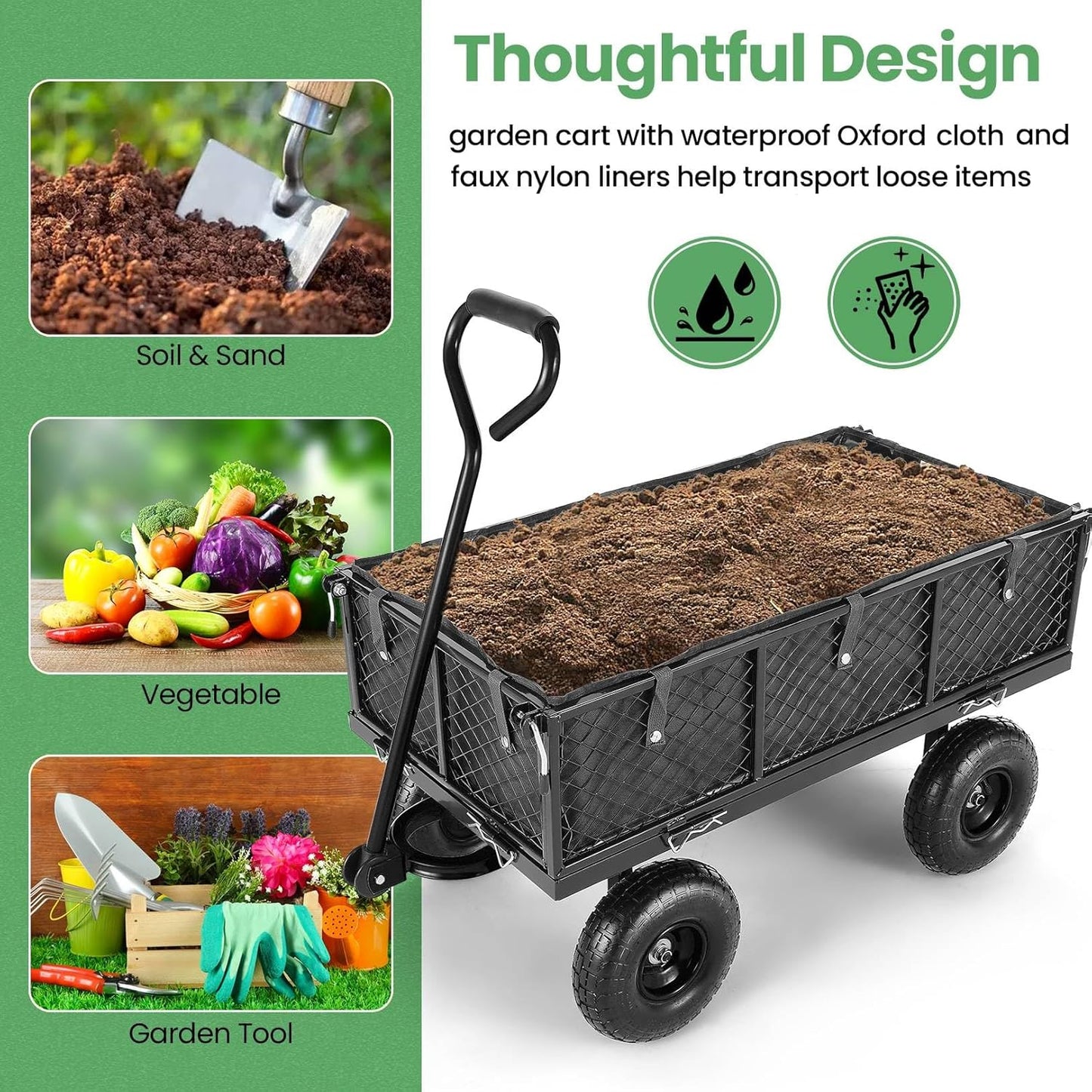 Homdox MAX 880LB Garden Cart, Heavy Duty Garden Wagon, Mesh Foldable Garden Cart, Pullable Gardens Wagon with 180° Rotating Handle, Collapsible Garden Carts for Yard Beach Farm, Black with Bag