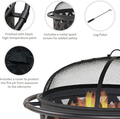 Sunnydaze Crossweave Outdoor Fire Pit - Wood-Burning Fire Pit for Outside with Spark Screen, Poker and Round Cover - 36-Inch - Black