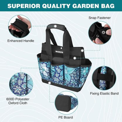 WORKPRO Garden Tool Bag, 9 Pockets Gardening Bag, Heavy Duty Oxford Garden Tote Caddy (Tools NOT Included), 12" x 12" x 6" (Floral Blue)