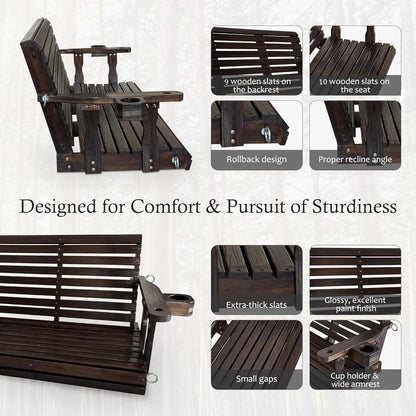 Fortune Candy Wooden Porch Swing 3-Seater, High Backrest and Deep Seat, Bench Swing with Cupholders, Hanging Chains and 7mm Springs, Heavy Duty 880 LBS (Deep Brown, 5 FT Extra Large)