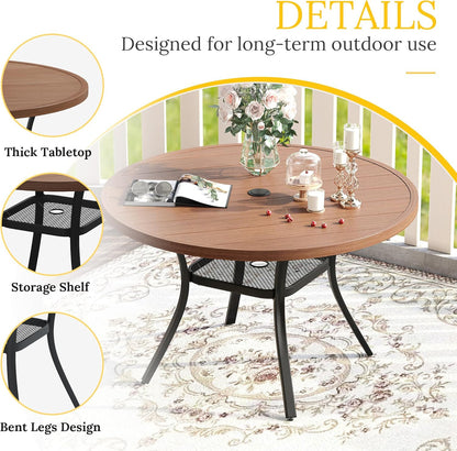 VICLLAX 47.2" Outdoor Round Patio Table for Lawn Garden, All Weather Metal Round Outdoor Dining Table with Adjustable Umbrella Hole, 6 Person Patio Table, Walnut Wood-Like Tabletop