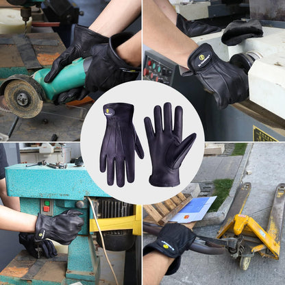 HLDD HANDLANDY Leather Work Gloves for Men & Women, Adjustable Wrist Cowhide Gardening Glove with Reinforced Palm for Driver