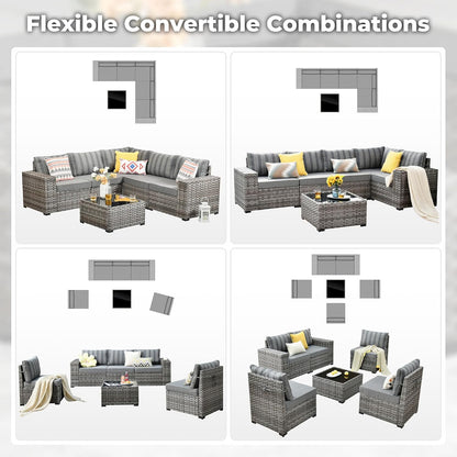 ovios 6 Pieces Patio Furniture Set, Outdoor Wicker Sectional Sofa with Glass Table Comfy Cushions, Modern Modular Deep Seat Couch Rattan Conversation Set, Dark Gray Stripe