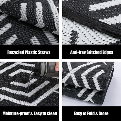 RV Outdoor Rug Waterproof Mat Outdoor Rugs 9'x12' for Patios Clearance Carpet Outdoor Camping Rugs Large Plastic Straw Rug(8x10ft Geometric Black&White)