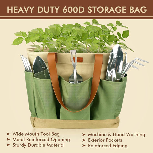 YAUNGEL Gardening Tools - 10 Pcs Garden Tool Set Heavy Duty Stainless Steel Garden Supplies Hand Tools with Wooden Handle, Storage Tote Bag, Gardening Gifts for Women and Men