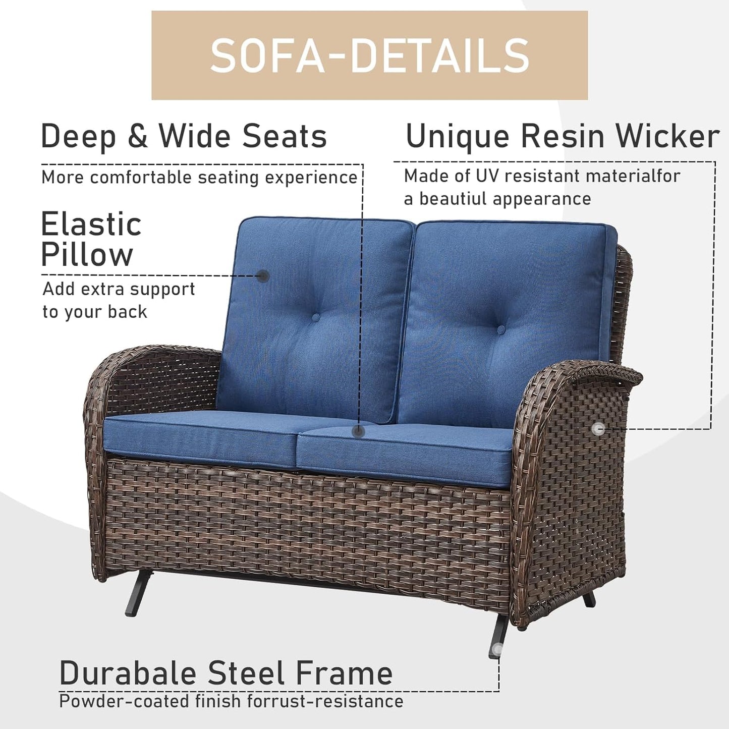 HUMMUH Patio Furniture 7-Piece PE Wicker Outdoor Conversation Set,All-Weather Rattan Swivel Chairs with Ottomans Glider Loveseat for Backyard,Poolside,Deck
