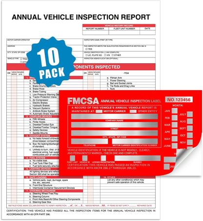Goldenfox DOT Inspection Forms and Stickers,10-Pack,3-Ply Carbonless Annual Vehicle Inspection Report Form(8.5" x 11.75) with Red Exterior Aluminum Inspection Label(6"x3.5"), Permanent Adhesive.