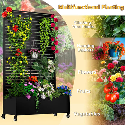 Metal Planter Box with Trellis Outdoor, 72.1"x47.2"x16" Galvanized Raised Garden Bed with Privacy Screen & Drainage Holes & Lockable Casters for Climbing Plants, Vegetable (Louvered-Black)