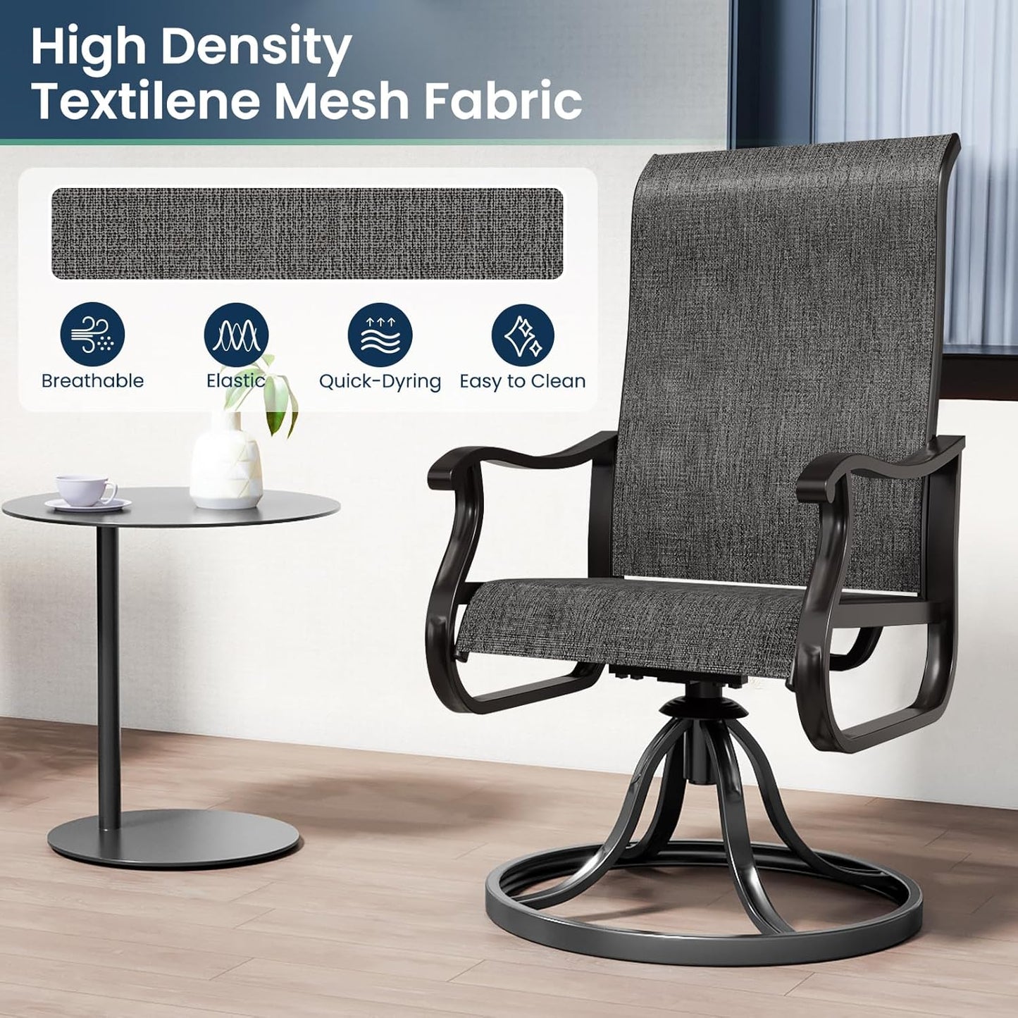 Amopatio Patio Swivel Chairs Set of 2, Outdoor Swivel Rocker Dining Chairs with All Weather Textilene High Back & Metal Frame, for Backyard Deck Lawn Garden, Dark Grey