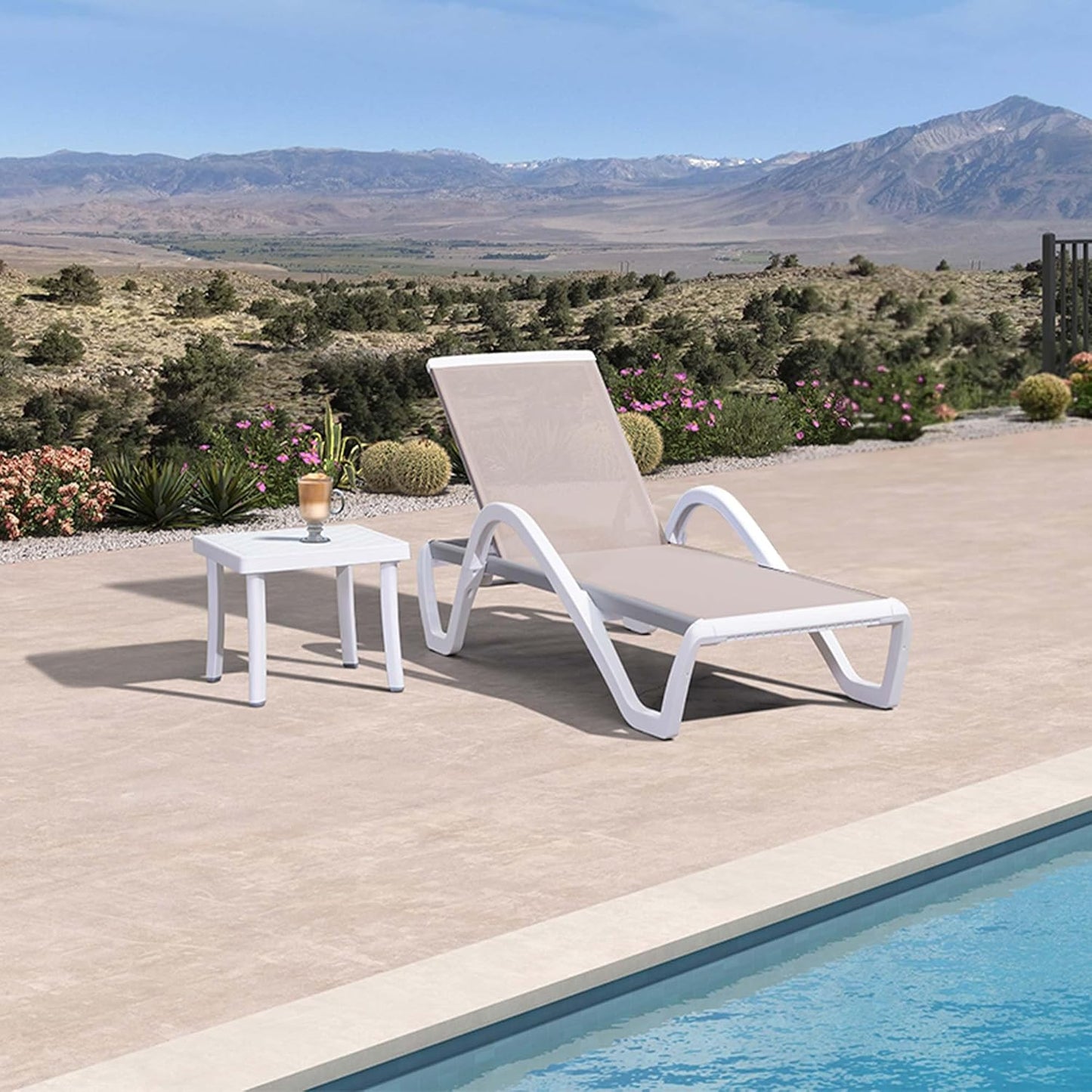 PURPLE LEAF Patio Chaise Lounge Chair Set Outside Aluminum Plastic Stackable Tanning Chairs with Armrests and Side Table for Pool Sunbathing Beach Deck Outdoor Lounger, Beige