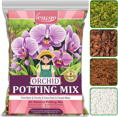 Legigo 4 QT Orchid Potting Mix- Natural Orchid Soil Mix for Repotting with Moss, Pine Bark, Coco Peat and Perlite, Enhanced Drainage Orchid Bark Potting Mix Repotting Kit for Indoor Plant Growth