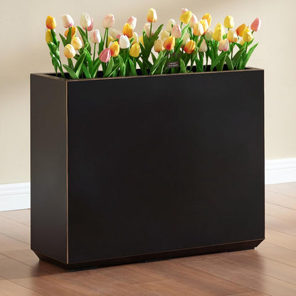 Metallic Heavy Outdoor Planter Box, Span Planter, Long and Tall Divider, 30Lx10Wx24H, Black with Gold Rim, 30.8 Pounds