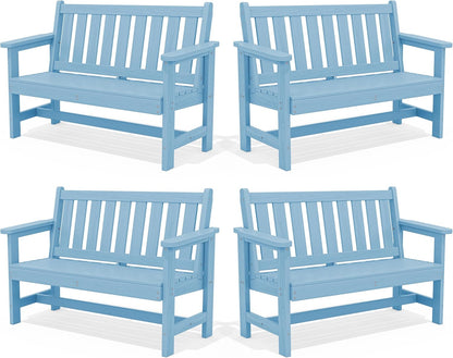 SERWALL Outdoor Bench, HDPE Outdoor Benches Weatherproof, 2-Person Garden Bench with 660 lbs Weight Capacity, Patio Benches for Outdoors, Garden, Porch, Backyard and Park, Light Blue, 4 Pack