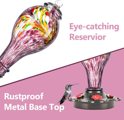 LUJII Hand Blown Glass Hummingbird Feeder for Outdoors Hanging with Ant Guard, 25 fl.oz, Leak Proof & Rustproof, Metal Base with 5 Feeding Ports & 5 Perches, Unique Garden & Backyard Decor (Purple)
