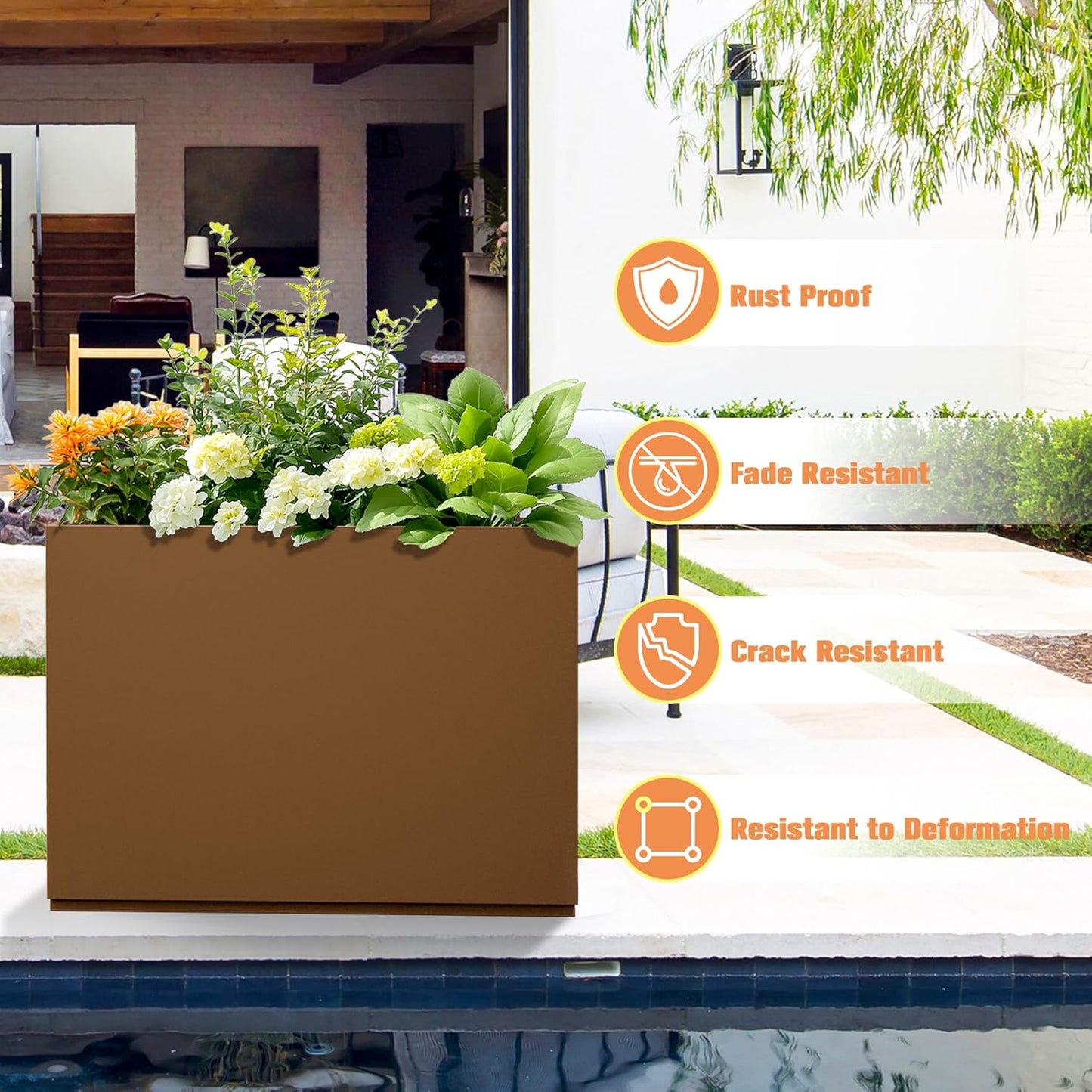 Rectangle Planter for Indoor & Outdoor, Tall and Long Planter Boxes with Drainage Holes, Mental Divider Planter Box All-Weather Use for Plants, Flowers, 35" L x 9" W x 26" H, Brown